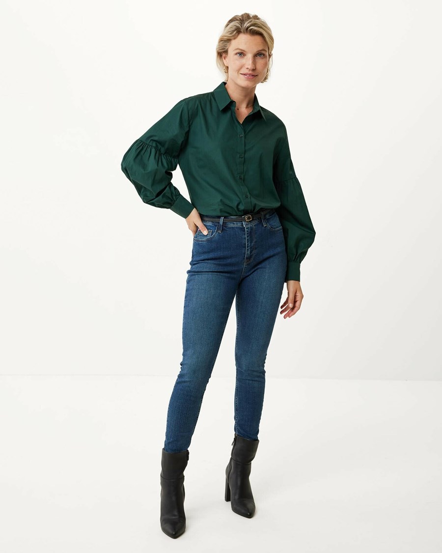 Mexx Bawełniane blouse puff sleeve Dark Green Zielone | NWLCD8467