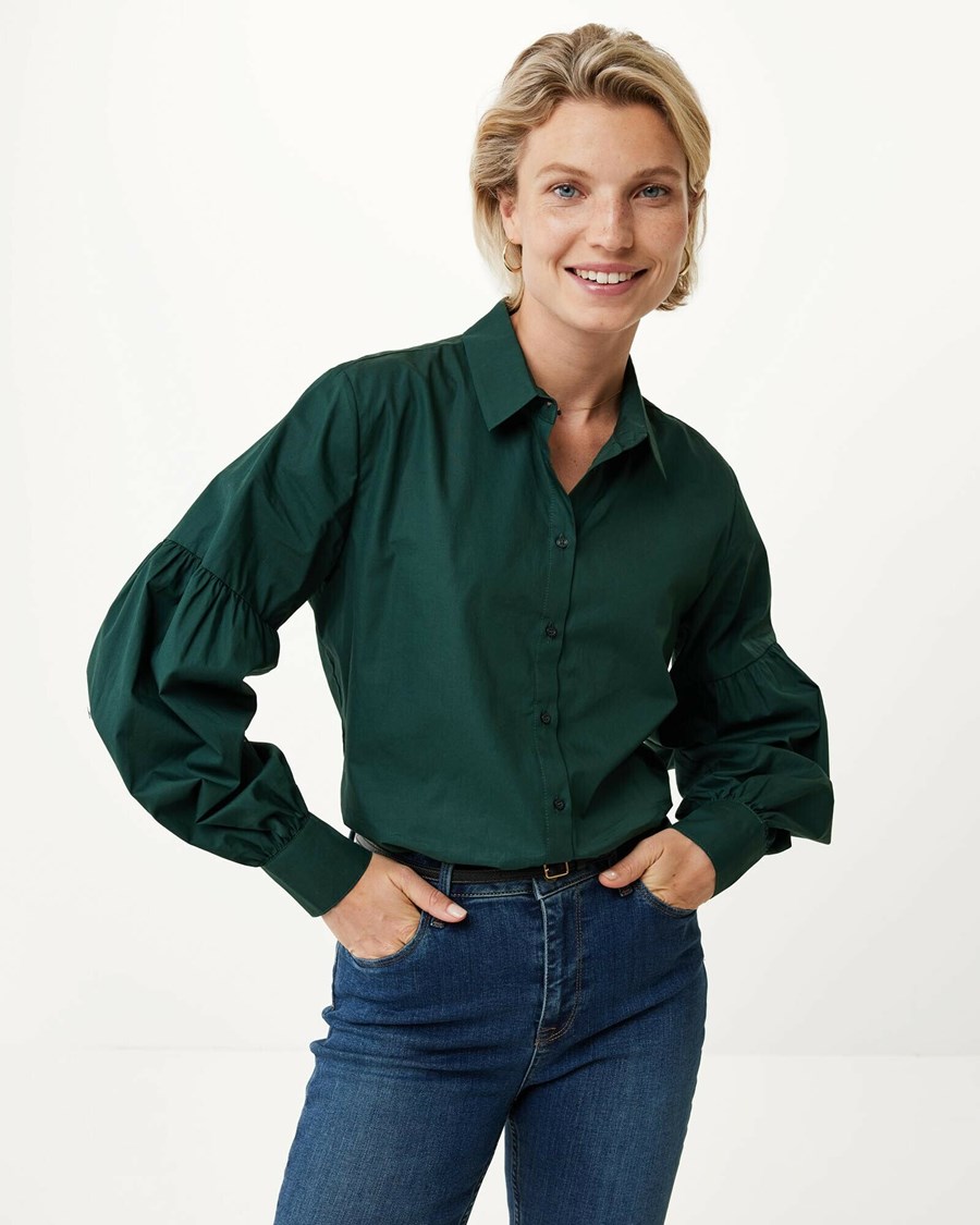 Mexx Bawełniane blouse puff sleeve Dark Green Zielone | NWLCD8467