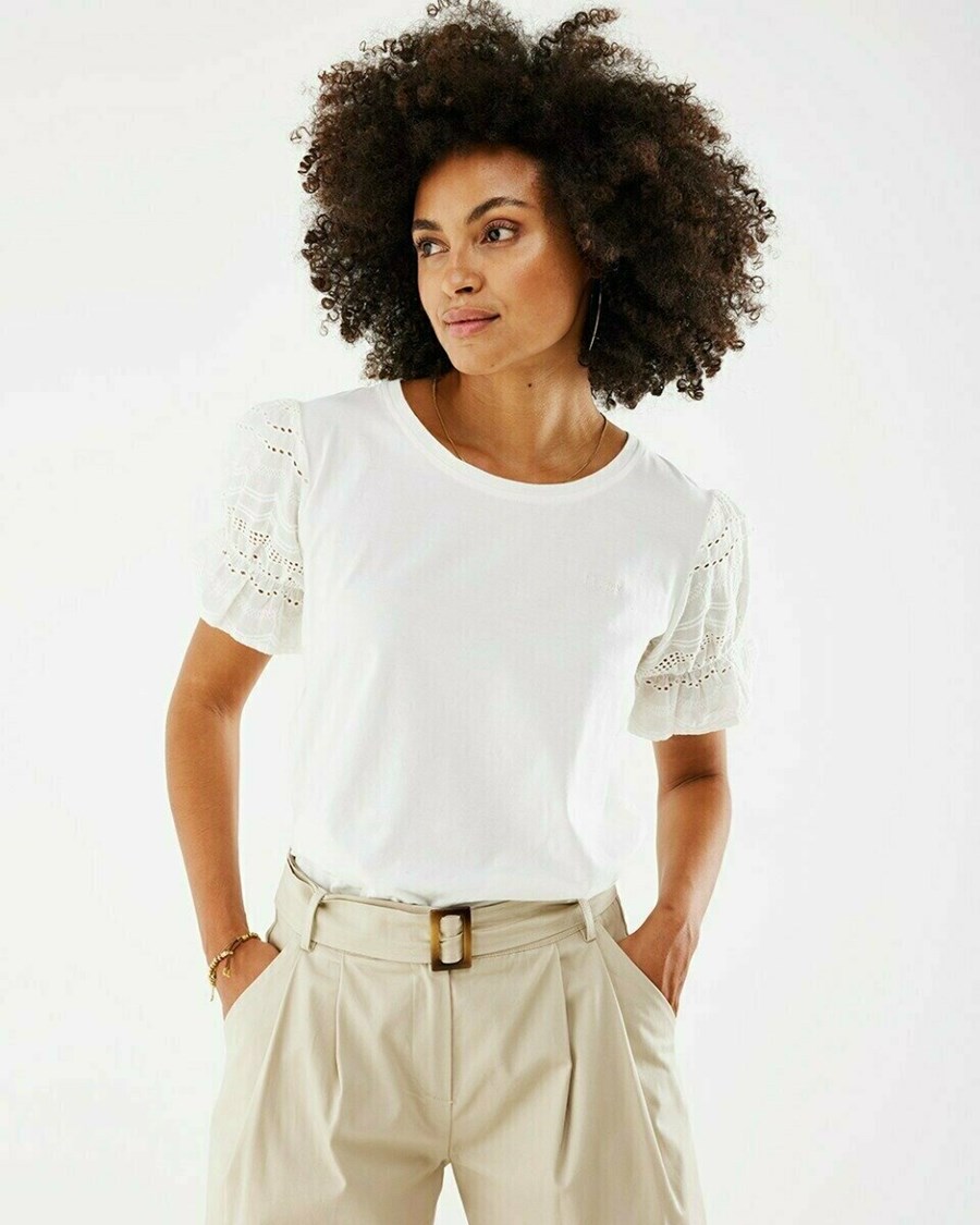 Mexx Broidery sleeve tee Off white Białe | TUGSC9174