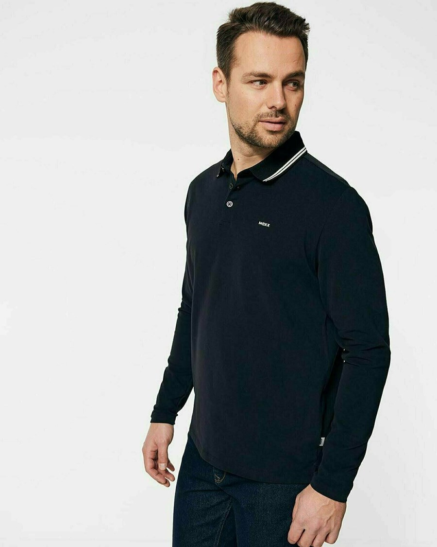 Mexx Brushed jersey polo LS Black Czarne | DOQMS2193