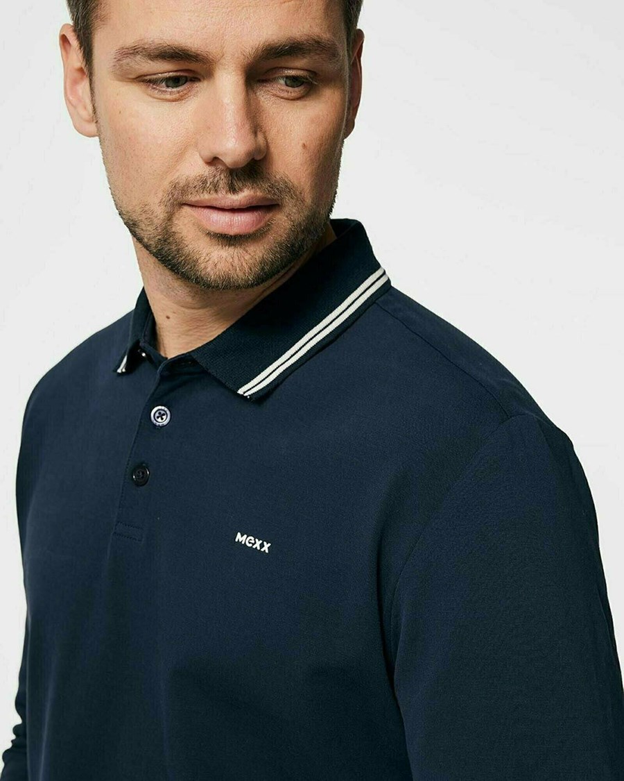 Mexx Brushed jersey polo LS Navy Niebieskie | WFVLI7826