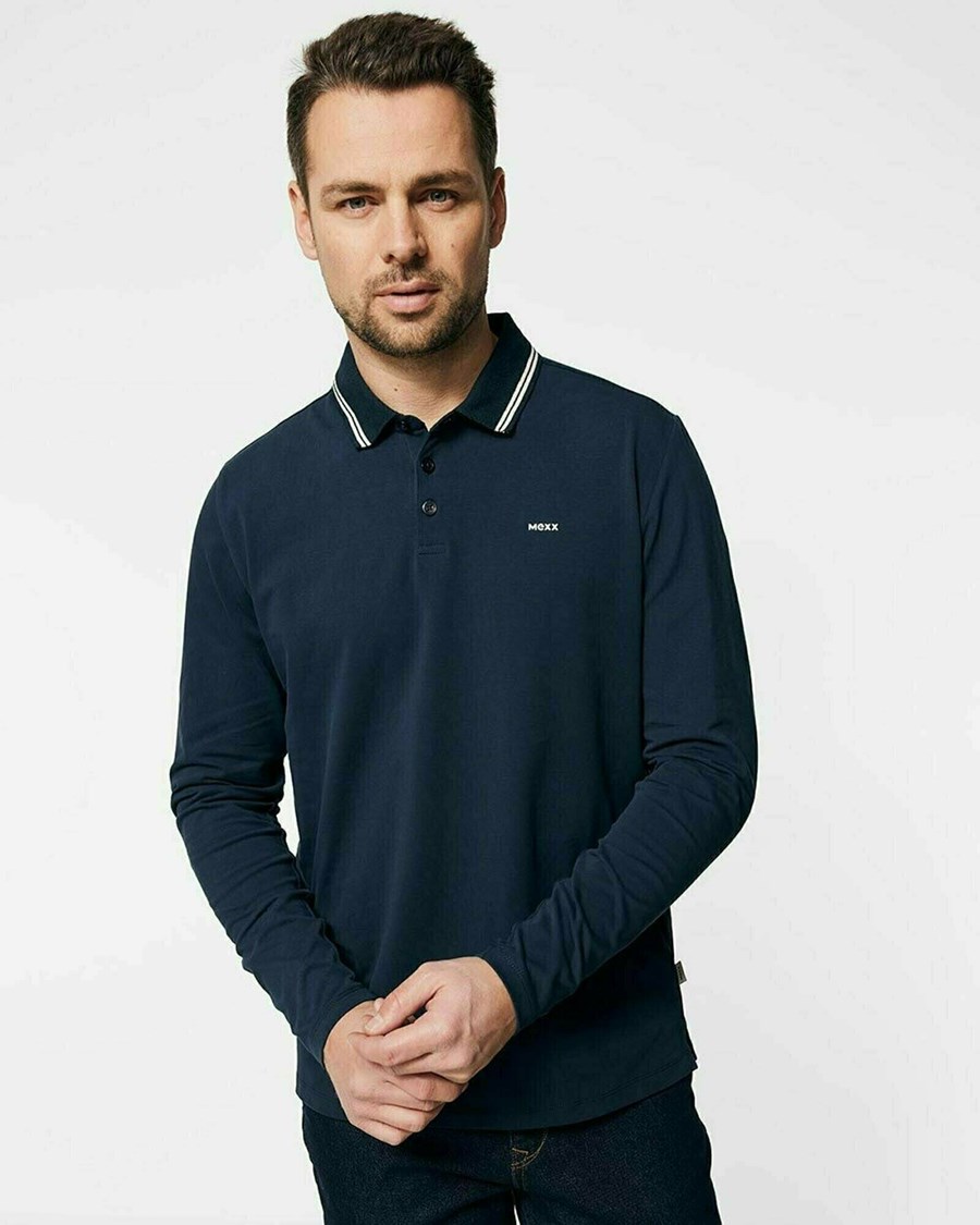 Mexx Brushed jersey polo LS Navy Niebieskie | WFVLI7826