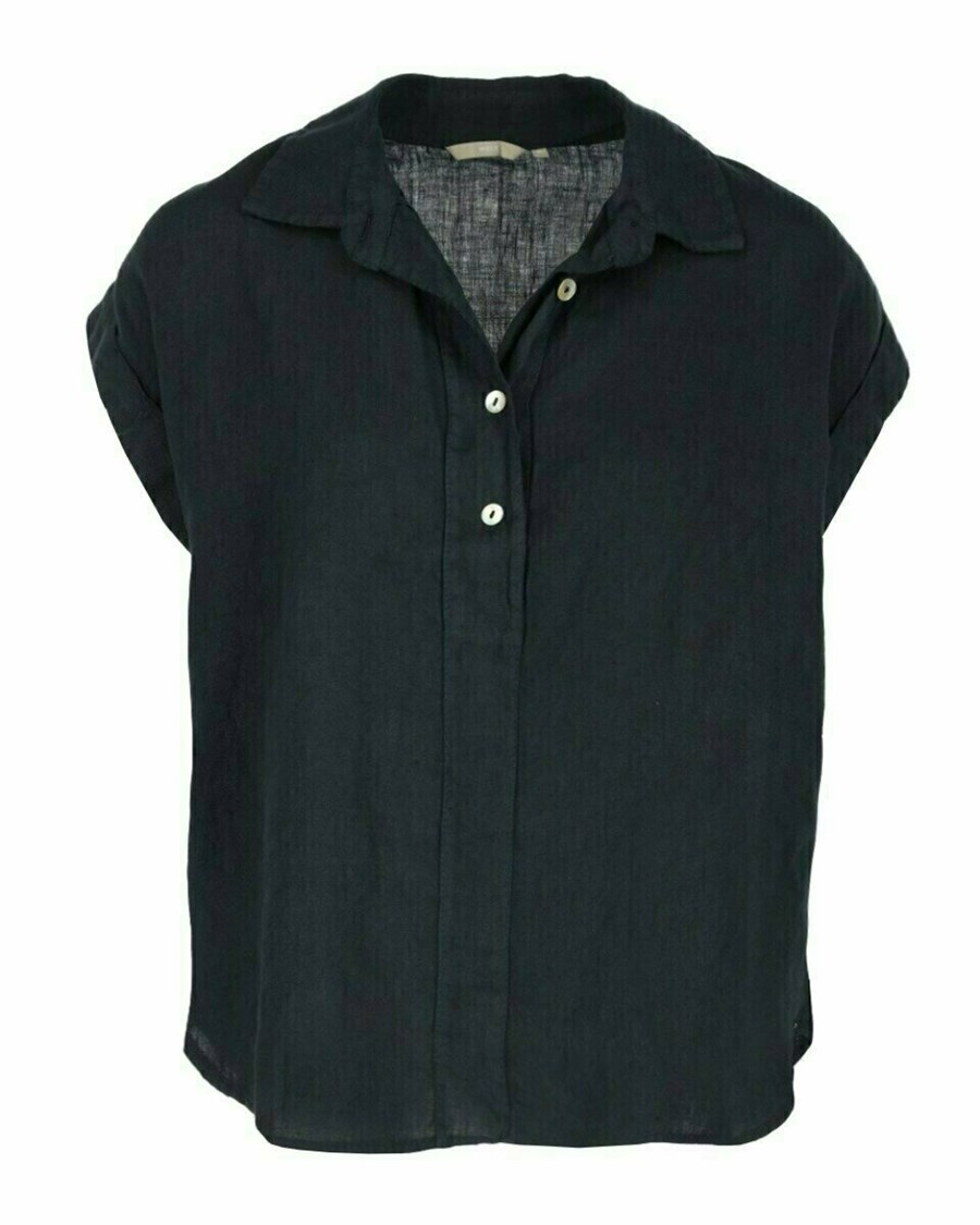 Mexx Capsleeve linen blouse Navy Niebieskie | CUMFX8290