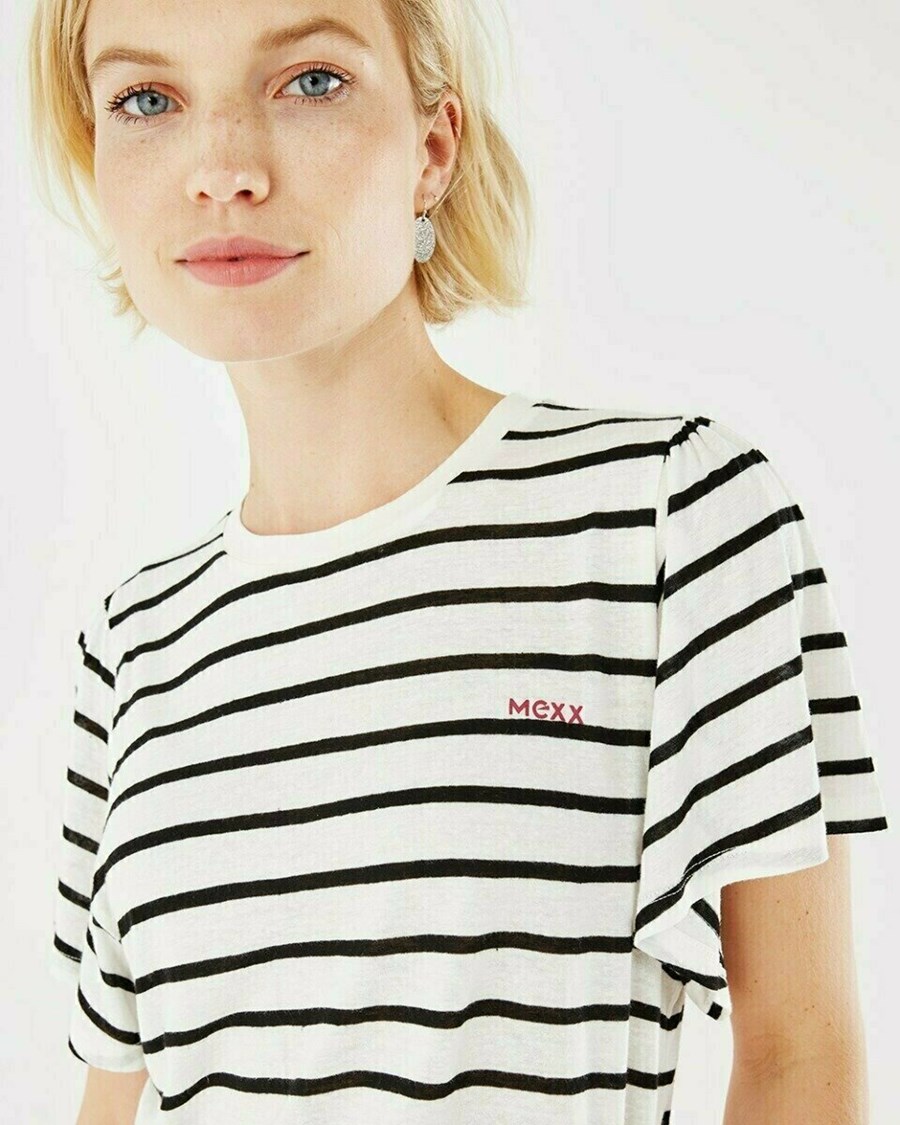 Mexx Fluttersleeve striped crewneck tee Off white Białe | QKDRC7342