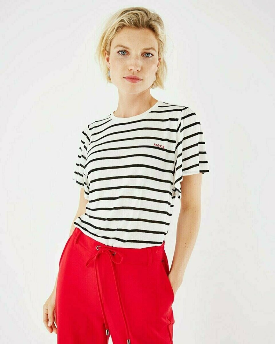 Mexx Fluttersleeve striped crewneck tee Off white Białe | QKDRC7342