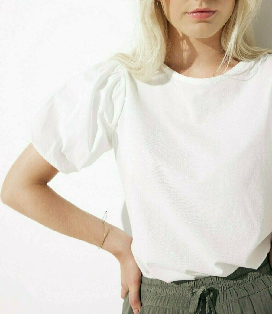 Mexx Jersey top woven puff sleeve Off White Białe | KYXPT3869