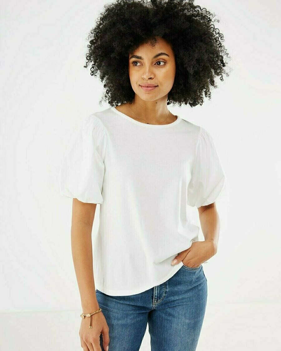 Mexx Jersey top woven puff sleeve Off White Białe | KYXPT3869