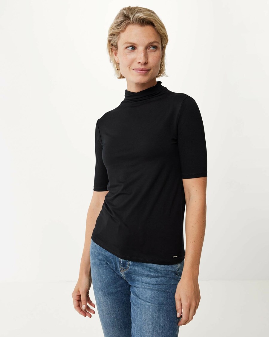 Mexx Krótkie sleeve mock neck t-shirt Black Czarne | IJYWX8740