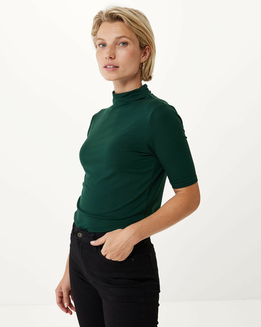 Mexx Krótkie sleeve mock neck t-shirt Dark Green Zielone | GEMDS9718