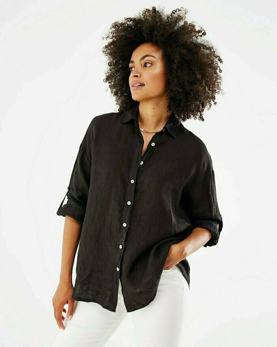 Mexx Longsleeve linen blouse Black Czarne | MALQD6180