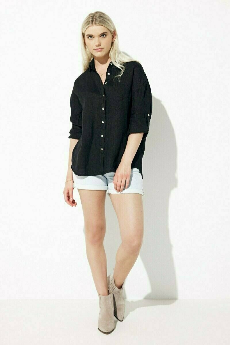 Mexx Longsleeve linen blouse Black Czarne | RIBSV8732