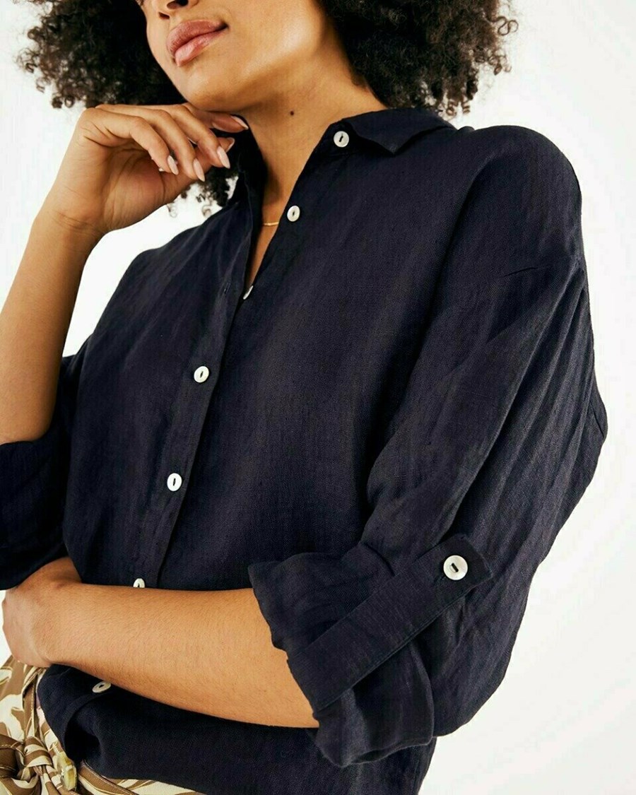 Mexx Longsleeve linen blouse Navy Niebieskie | XCYBR4076