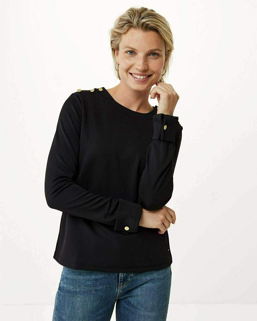 Mexx Longsleeve top with buttons on shoulders Black Czarne | TELUY0156