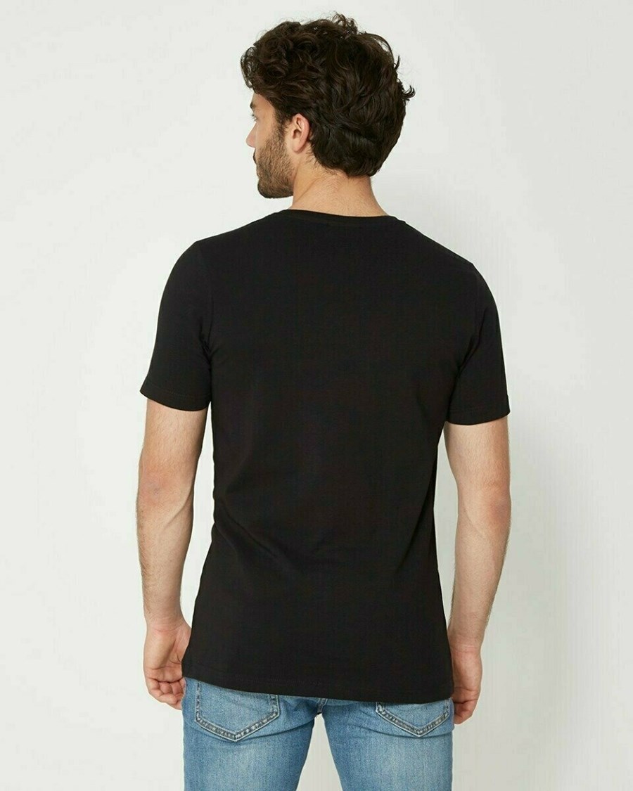 Mexx Men T-Shirt V-Neck Rubber Patch Black Czarne | JIDCS9408