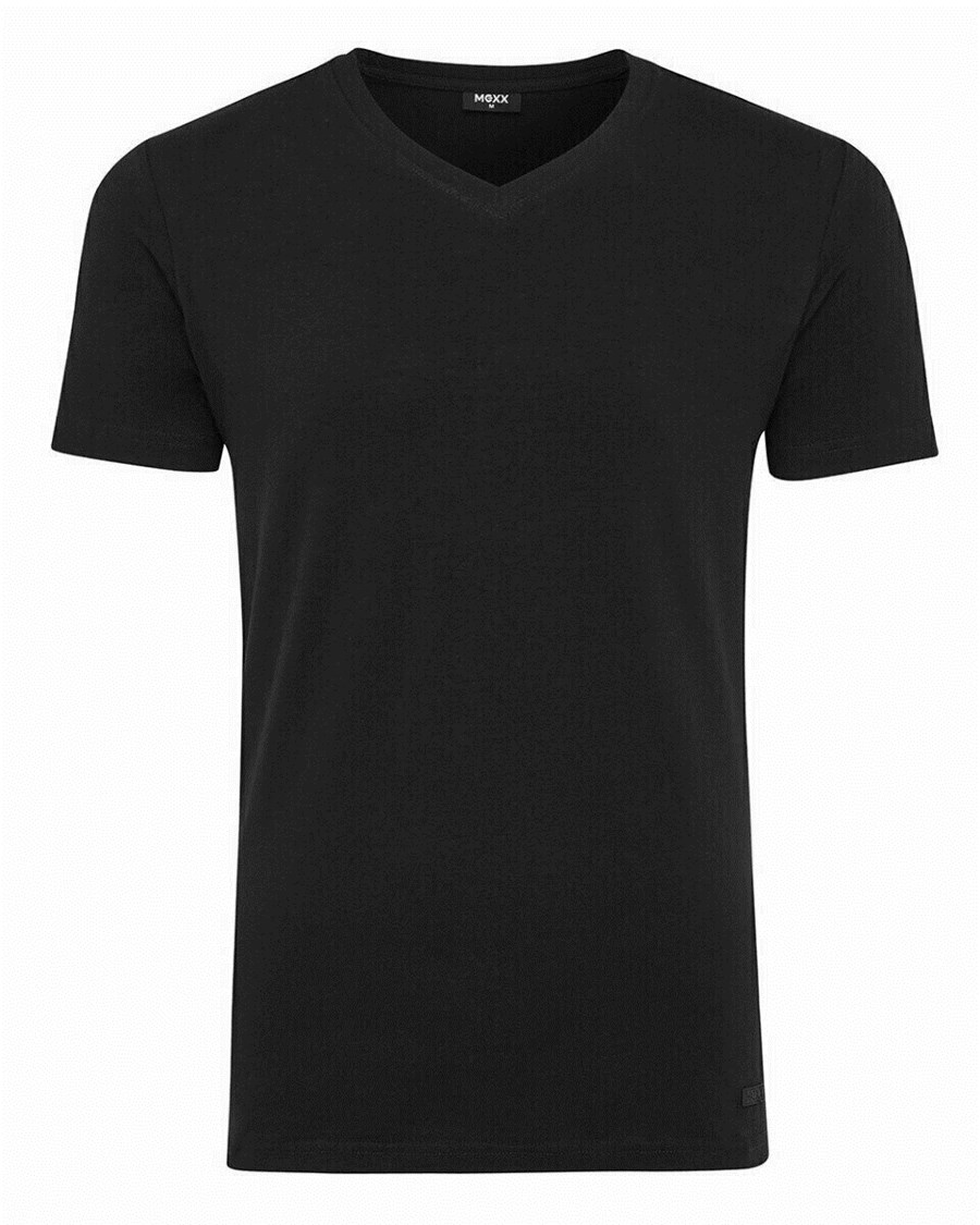 Mexx Men T-Shirt V-Neck Rubber Patch Black Czarne | JIDCS9408