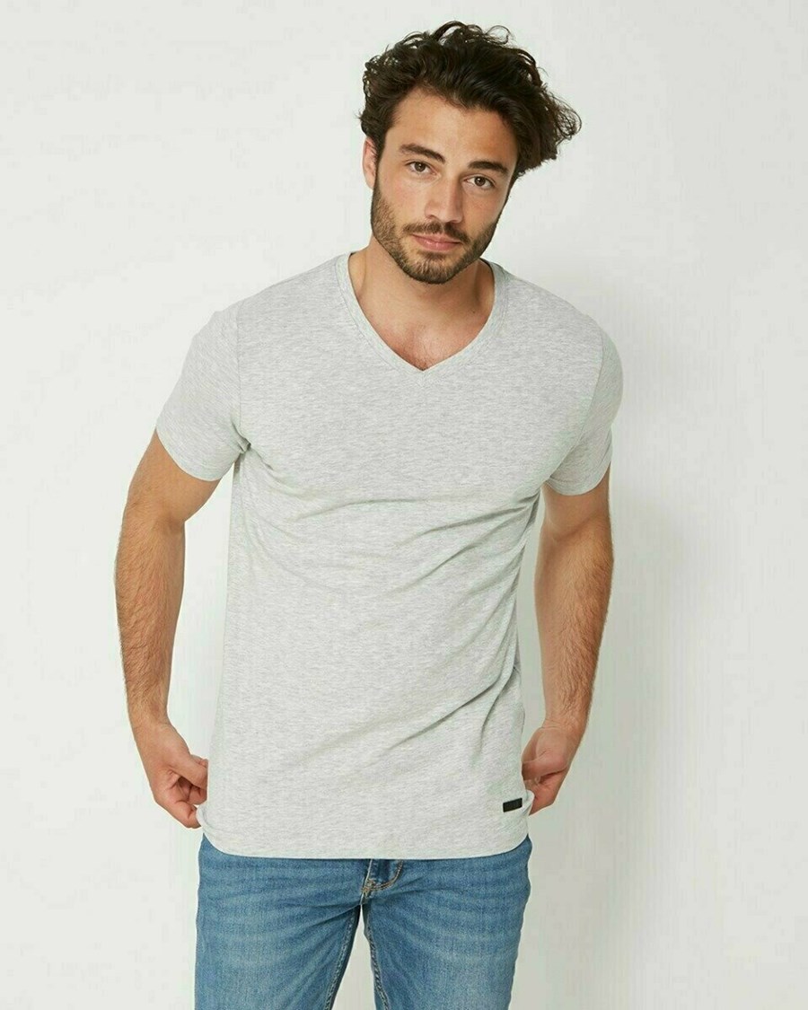 Mexx Men T-Shirt V-Neck Rubber Patch Grey Melange Szare | GXRBJ3261