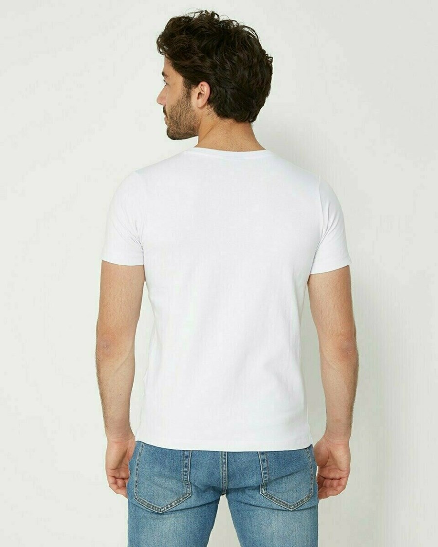 Mexx Men T-Shirt V-Neck Rubber Patch White Białe | NXRIS8162