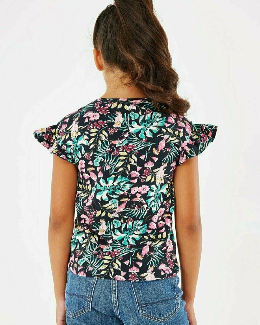 Mexx Printed ruffle top Navy Niebieskie | GSOHK9387