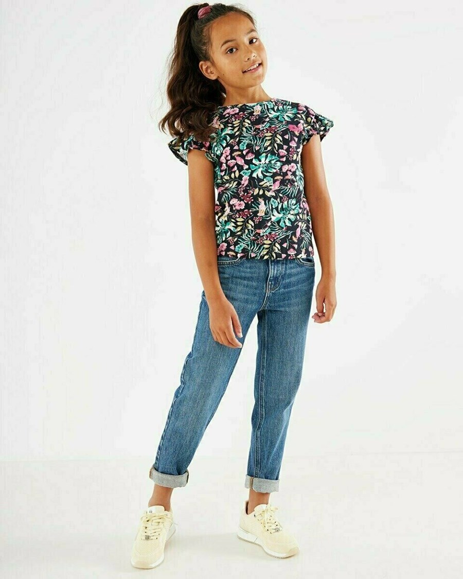 Mexx Printed ruffle top Navy Niebieskie | GSOHK9387