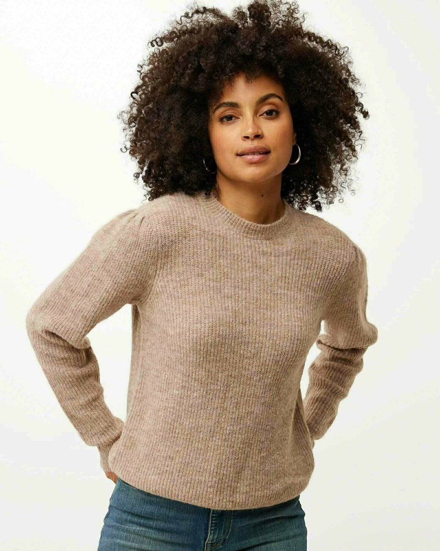 Mexx Round neck puff sleeve pullover Beige Beżowe | OPLNV2106