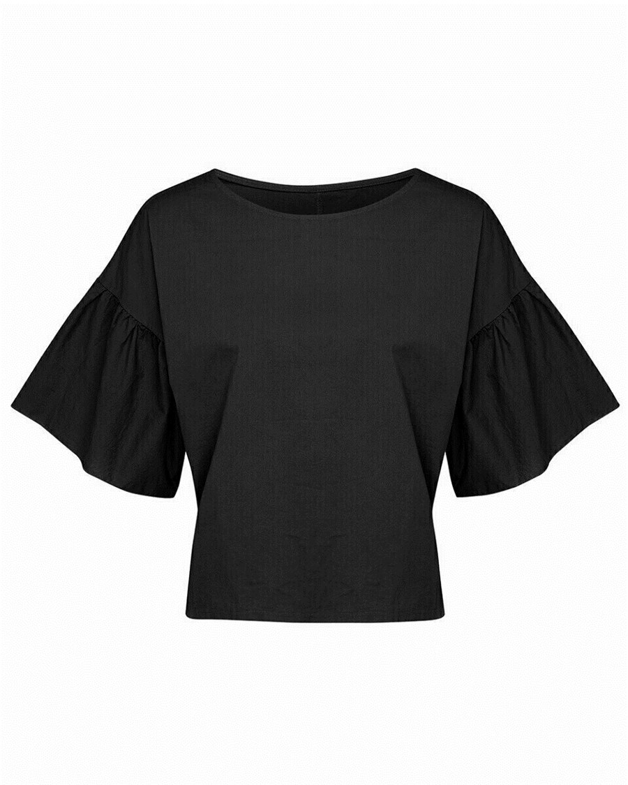 Mexx Round neck top with ruffle sleeve Black Czarne | LHUQN3187