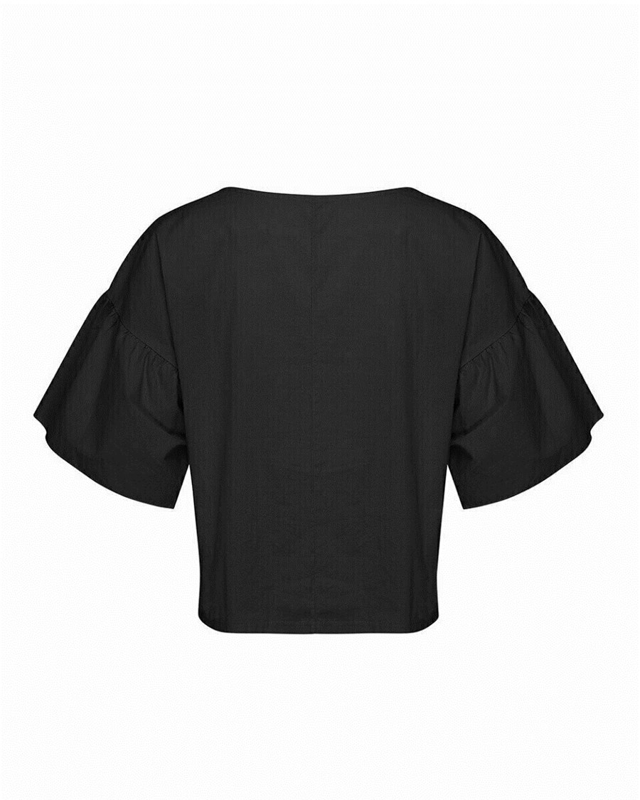 Mexx Round neck top with ruffle sleeve Black Czarne | LHUQN3187