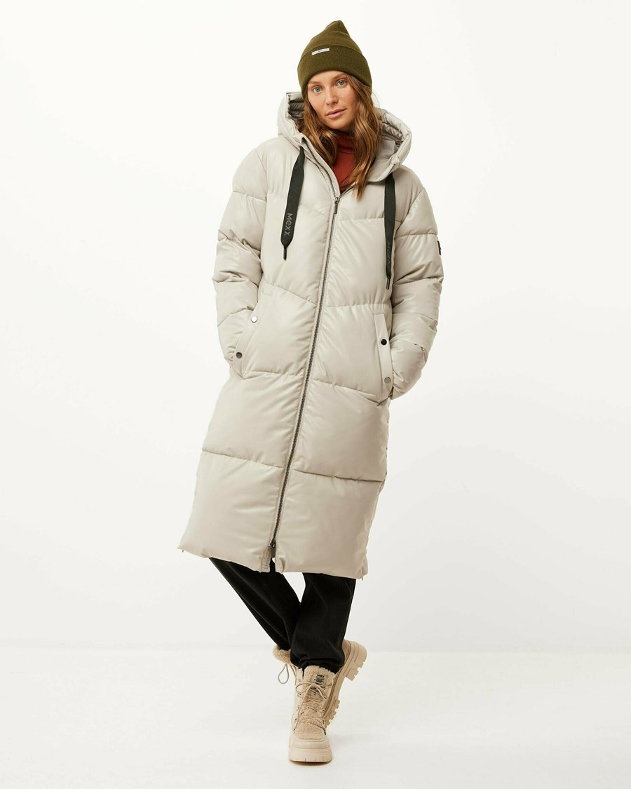 Mexx Stretch PU hooded midi length puffer Light Grey Szare | YDRIQ0715