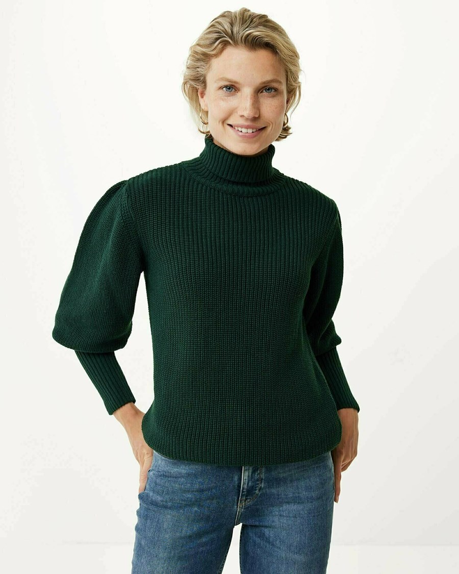 Mexx Trykotowy pullover puff sleeve Dark Green Zielone | AQULJ7398